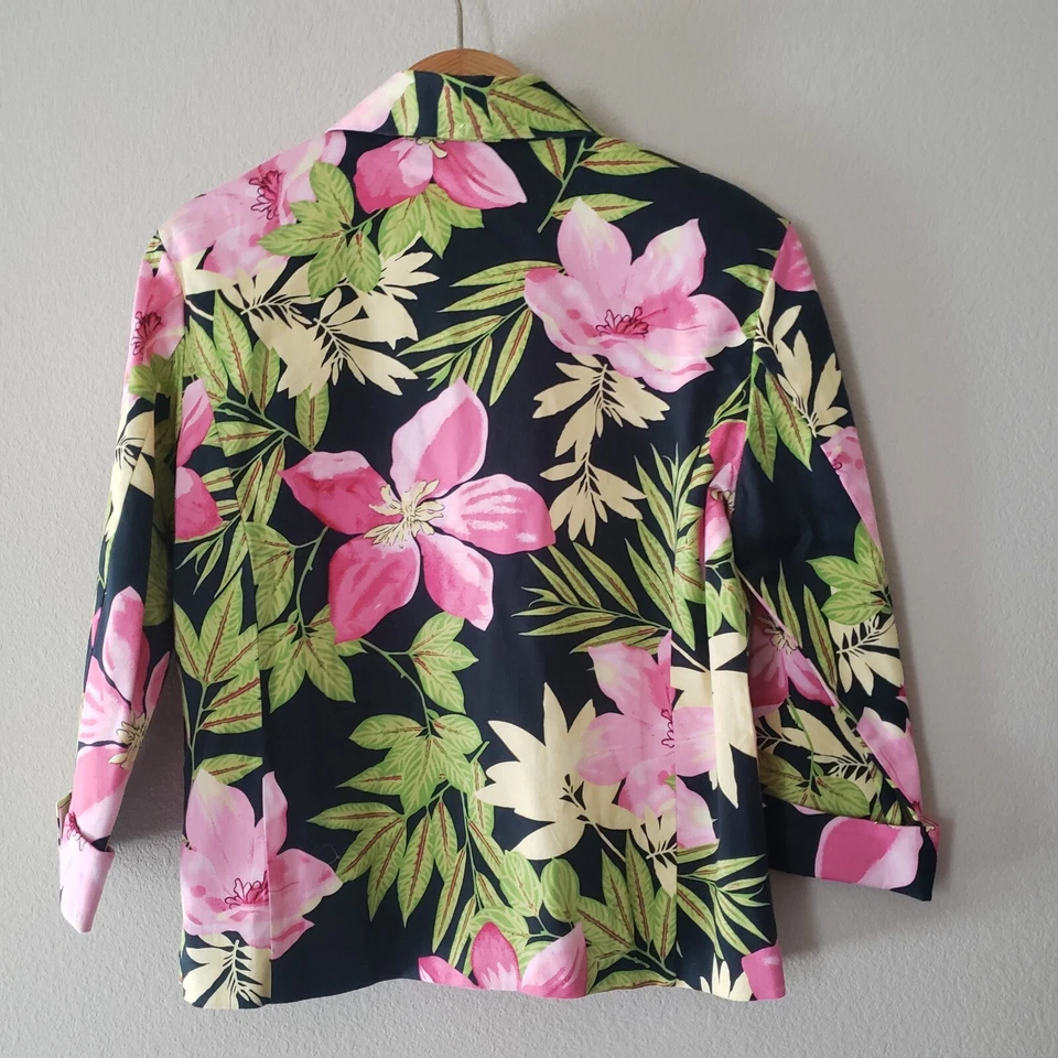 Erin London Tropical Blazer Size Medium Stretch 3/4 Cuff Sleeve Bold Pink Black - Image 2 of 4
