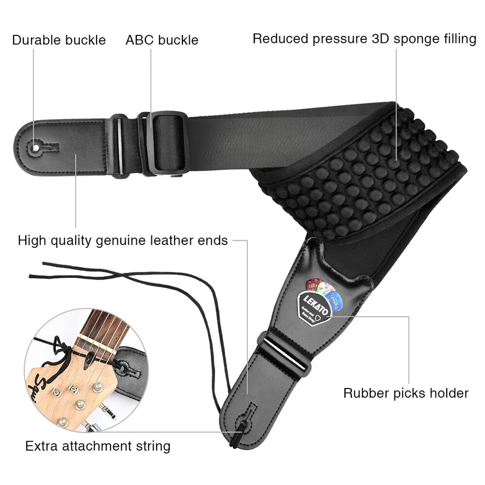 Electric Guitar Strap 3D Sponge Filling Adjustable Bass Belt 3.5" Wide Pad Soft - Image 4 of 4