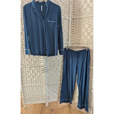SOMA Cool Nights Pajama Set Navy Blue White Piping Long Sleeve Top Pants Size L