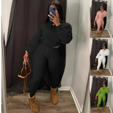 Usboutiquechic Women's 2pcs Sweater Outfits Knit Casual Hooded Top Pants Sets