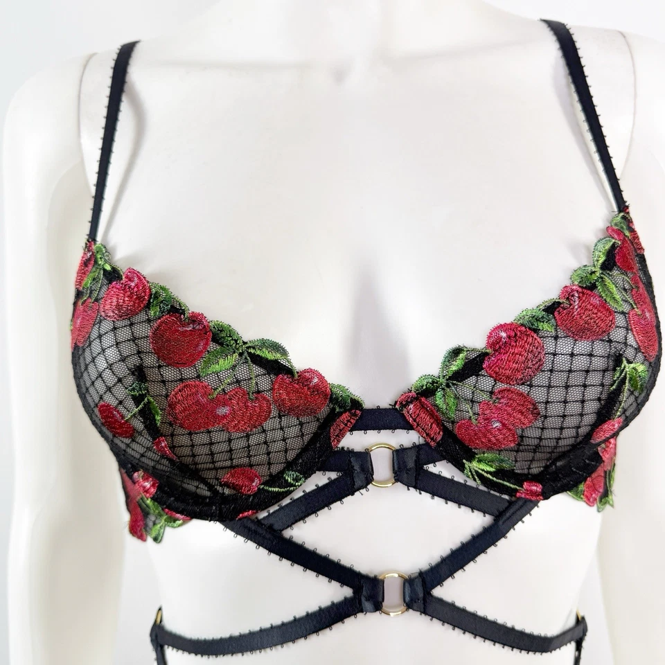 Victoria's Secret Black Mesh Bra Set Lingerie Size XS Sexy Cherry Embroidery NEW - Image 2 of 4