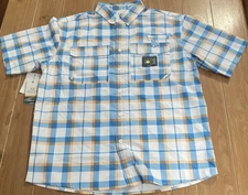 Realtree Men Short Sleeve Fishing Guide Shirt Creekside Plaid Malibu Blue Medium