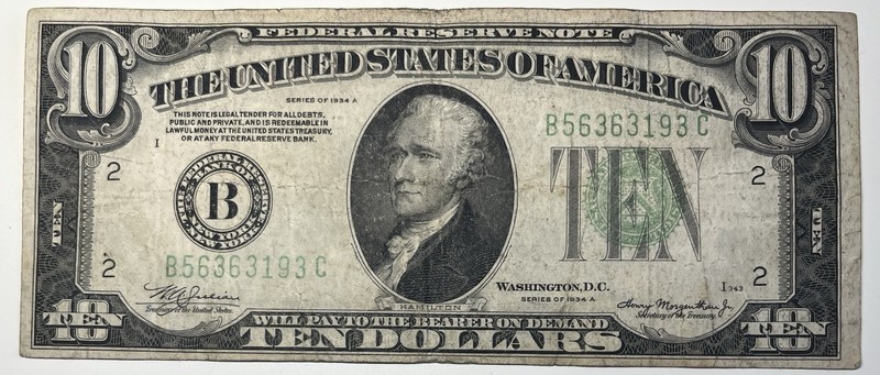 1934 A $10 Ten Dollar Bill Federal Reserve Note  New York, NY Vintage Currency