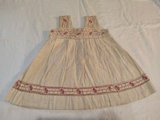Layette Ancienne 1900 - Robe Bébé Smockée Coton Écru Broderie Rouge