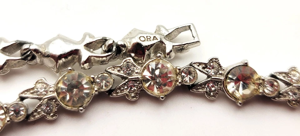 Vintage 40s Firmato ORA Placcato Rodio Trasparente Strass 39.4cm Collana - Immagine 4 di 4