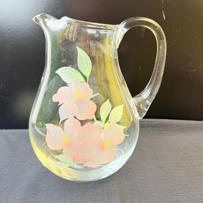 Pasabahce Vintage Hand Painted Pink Flower Crystal Glass Pitcher - Turkey