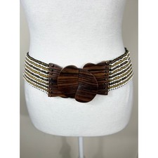 Beaded Cinch Statement Belt Women's Earthy Boho Wood Buckle Wide Stretch 80s 32"