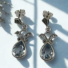 Aquamarin Ohrringe 925 Silber Markasit Jugendstil Art Déco