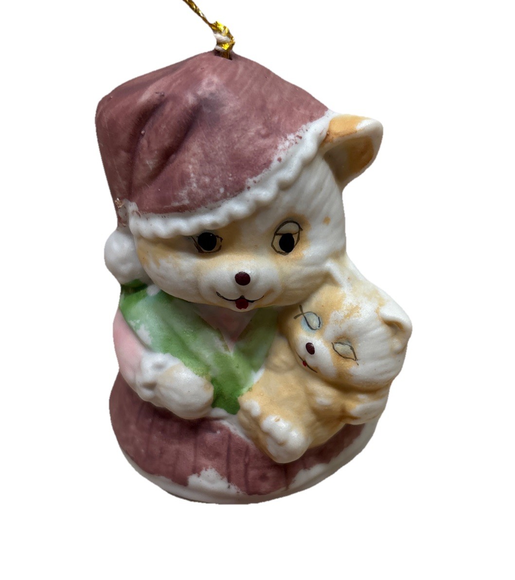 Vintage Jasco Caring Critter Bell Cat Christmas Ornament 1980s Bisque Porcelain
