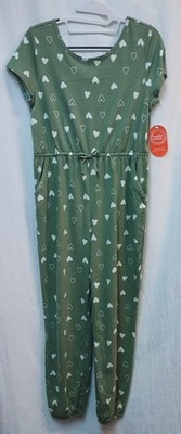 NWT Wonder Nation Green w/White Hearts Jumpsuit, Short Sleeve, Girls XL 14-16