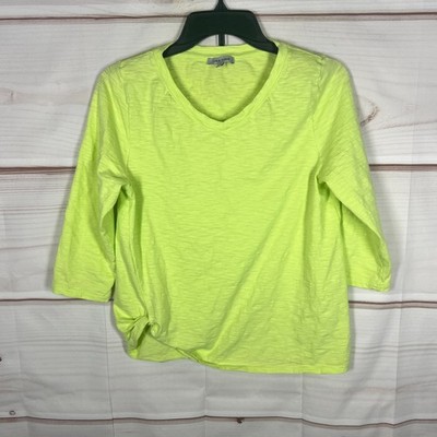 Lisa Todd Top Women Small Green Cotton Slub Knit T-Shirt V-Neck Twist Side Solid