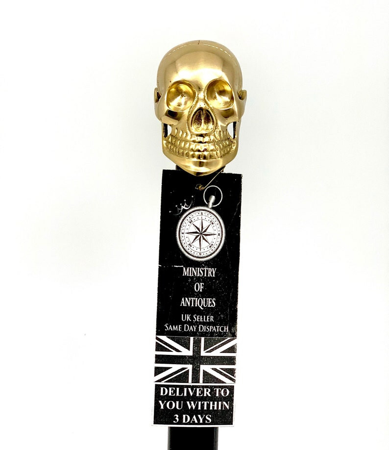 Antique Brass Solid Skull Design Head Handle Blac… - image 2