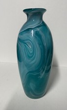Beautiful Teal  White Abstract Swirl Hand Blown Studio Art Glass Round Vase