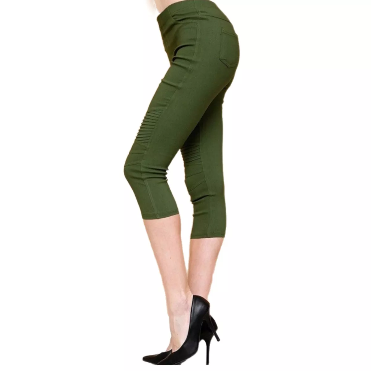 Sexy olive green Moto Capri Jeggings leggings Plus Stretch on w back  pockets New