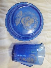 Shirley Temple Cobalt Blue Glass Creamer Milk Pitcher And Cereal Bowl Vintage