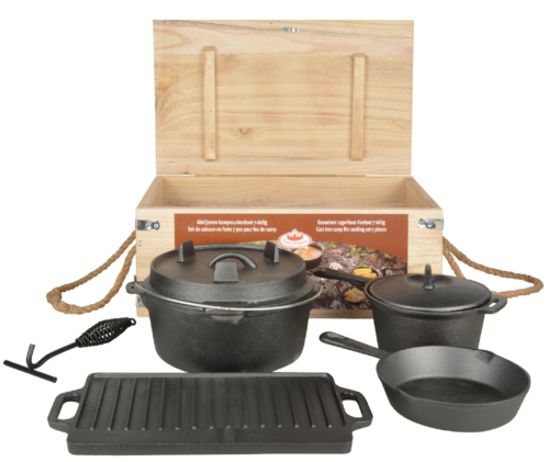 Dutch Oven 7er Set Chef Pot Grill Pan Lid Wood Box Cast Fire BBQ - Afbeelding 1 van 6