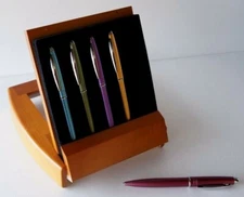 Solid Wood Cherry Folding Easel Pen Box Case w 5 Aluminum Rollerball Pen Set