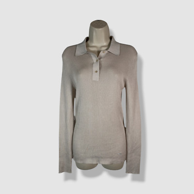 Akris Punto Women's Beige Cashmere Silk Collared Long Sleeve Blouse Top Size 10
