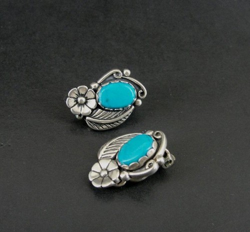 Orecchini Mondiali Firmati Pietre Turchesi Fiore Argento Sterling 925 Vintage Clip On - Foto 2 di 4