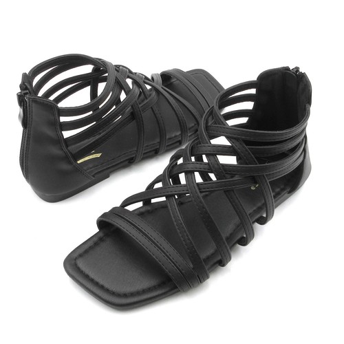 Sandalias de tacón plano con diseño de cremallera trasera con correas Muliti gladiador romano esmaltado para mujer - Imagen 6 de 58