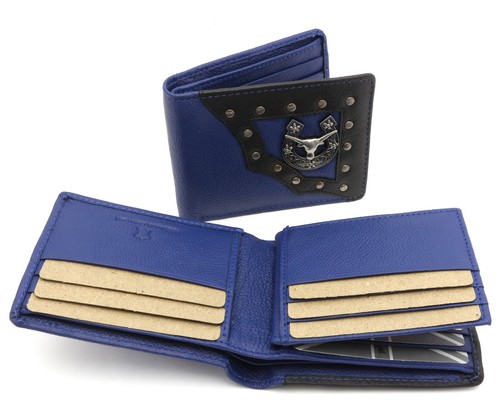 Bifold Blue Genuine Leather Wallet W/ Bull Head & Horseshoe Design with Rivets - Picture 11 of 11