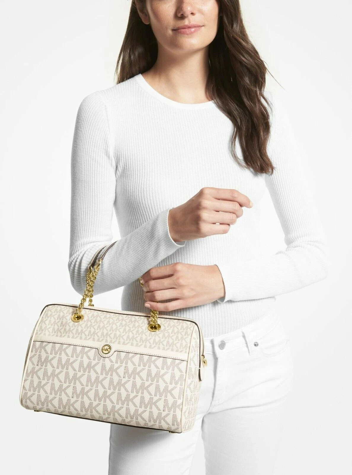 BORSA A TRACOLLA MICHAEL KORS BLAIRE LOGO VANIGLIA ORO CATENA BORSONE MEDIO NUOVA CON ETICHETTE!