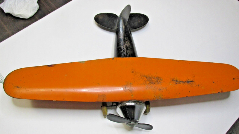 ANTIQUE STEEL TOY AIRPLANE PROP WOOD TIRE 30S 40S PRESSED LINDBERGH PLANE RARE