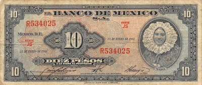 México  10  Pesos  25.1.1961  Series  JS  Prefix  R  Circulated Banknote JWK