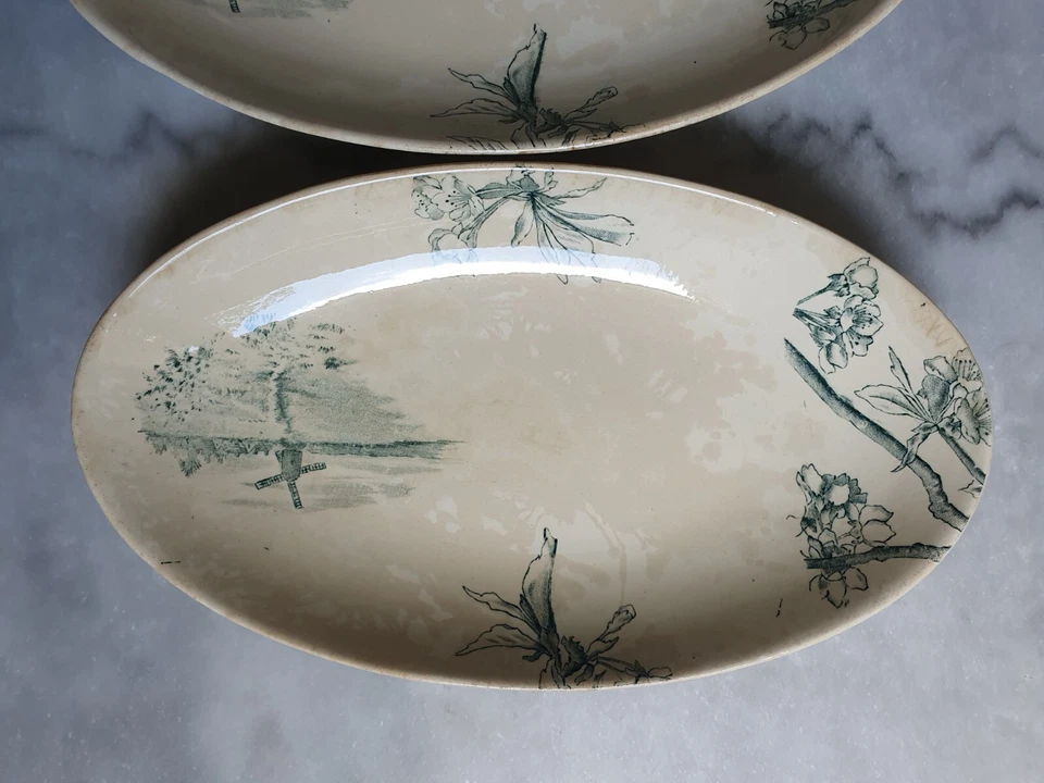 Faïence Creil Montereau Terre de Fer XIX è Sauciere + 2 Raviers Service Cerisier - Photo 3/4