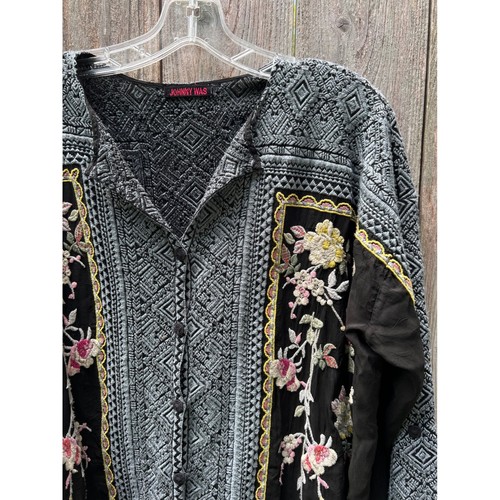 JOHNNY WAS Rumi Rolled Sleeve Embroidered Rayon Boho Long Sleeve Blouse Top M/L