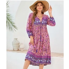 R.Vivimos Casual Bohemian Midi Dress Women's Medium Neck Tassel Tie Long Sleeve