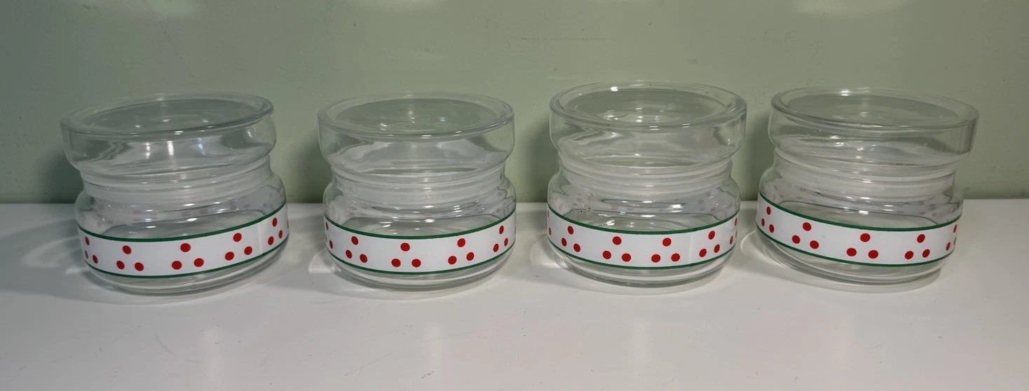 Clear Glass Candy Jars Set Of 4 -White & Green Stripe W/ Red Dots, Hermetic Seal