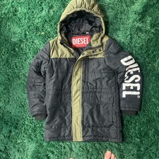 Diesel Kids Hooded Colorblock Puffer Jacket Size 8Y Olive/Navy