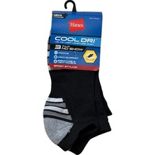 Hanes Cool Dry Men's Black No Show Socks 6 - 12 Shoe Size  Pack of 3 NWT