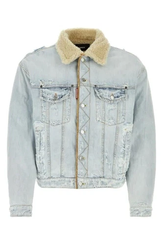 $1350 DSQUARED2 giacca denim pelliccia invecchiato "over" blu chiaro 48 M nuova con etichetta