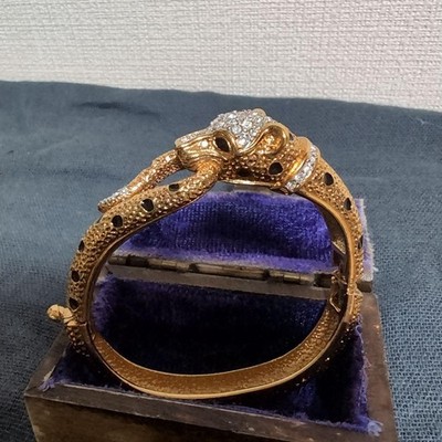 Leopard Bangle Bracelet Gold with Crystal Decor Vintage 18cm Used
