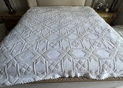 Vtg Handmade White Cotton Hobnail Coverlet Popcorn Bedspread F/Q Star Diamond