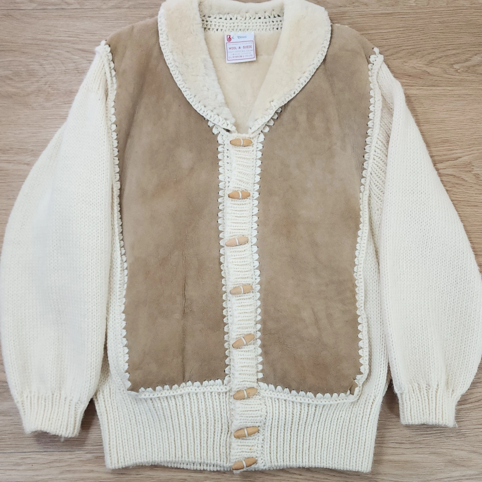 G.L Bowron Wool-n-Suede Shearing Leather Cardigan Sweater Large Ski Resort