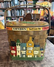 Signed Vintage 1960's Caro Nan Hand Painted Wood Woven Basket Purse London Paris