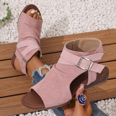 Women's Buckle Strap Wedge Sandals, Faux Suede Open Toe Casual Shoes
