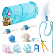 11Pc Cat Toy Set - Interactive Pack with Foldable Tunnel, Feather Teaser Wand...