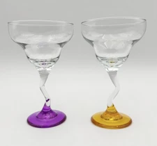 2 Libbey Z-stem Color margarita cocktail glasses  Purple & Amber 7” tall  10 oz.
