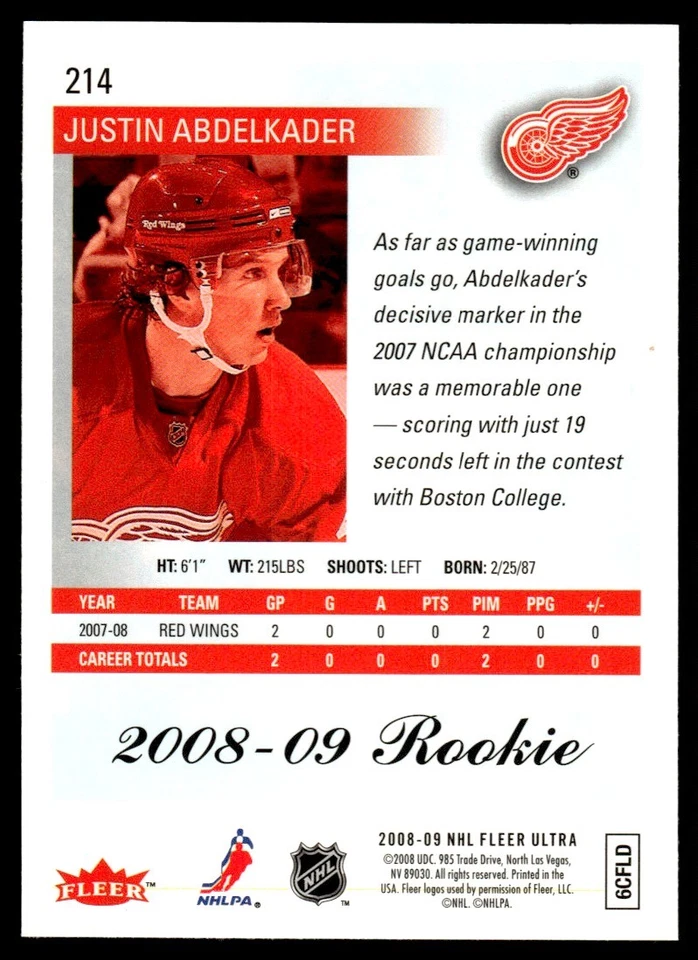 2008-09 FLEER ULTRA ROOKIE Justin Abdelkader Rookie Detroit Red Wings #214 - Image 2 of 2