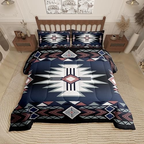 Southwestern Comforter Set Size,Rustic Farmhouse Western Queen Black Blue