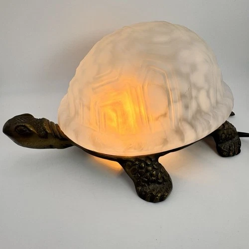 Frosted White Glass Brass Turtle Shell Night Light Tiffany Style 8x4 Inch WORKS