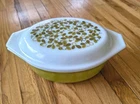 Vintage Pyrex Verde Olive Green 1 1/2 Qt. Oval Casserole Dish With Lid "043"