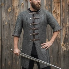 9MM Chainmail Hauberk Mild Steel Medieval Viking Front Open Shirt Half Sleeve Ha