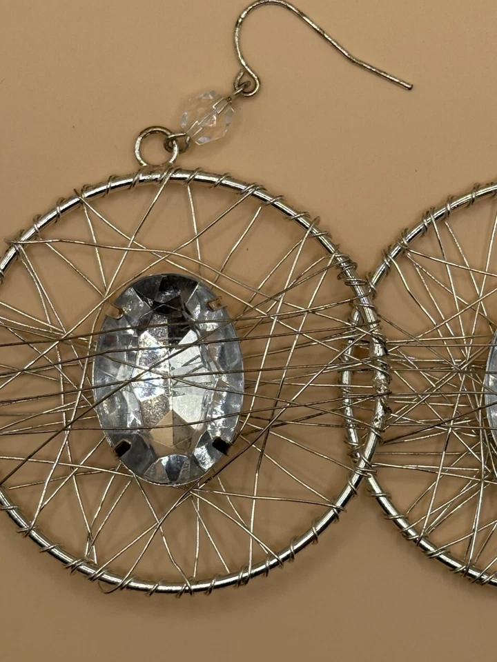 Statement Hoop Earrings with Wire Wrap and Large Clear Crystal – Silver Tone - image 3 of 4