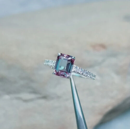 Octagon cut Alexandrite Gemstone Jewelry 14K Solid White Gold Rings For Women - Picture 4 of 11