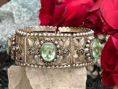 Vintage Signed Cellini Florence Italy 800 Silver Wide Green Stone Bracelet 
